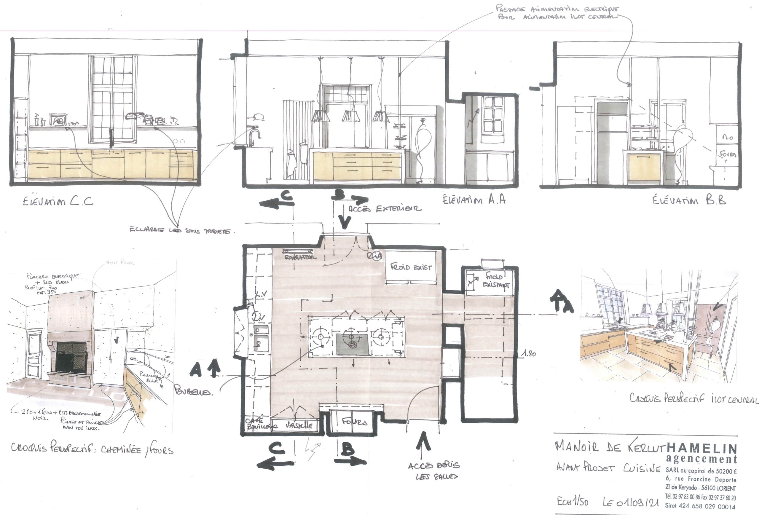 Planche de dessins d'étude d'une cuisine sur mesure