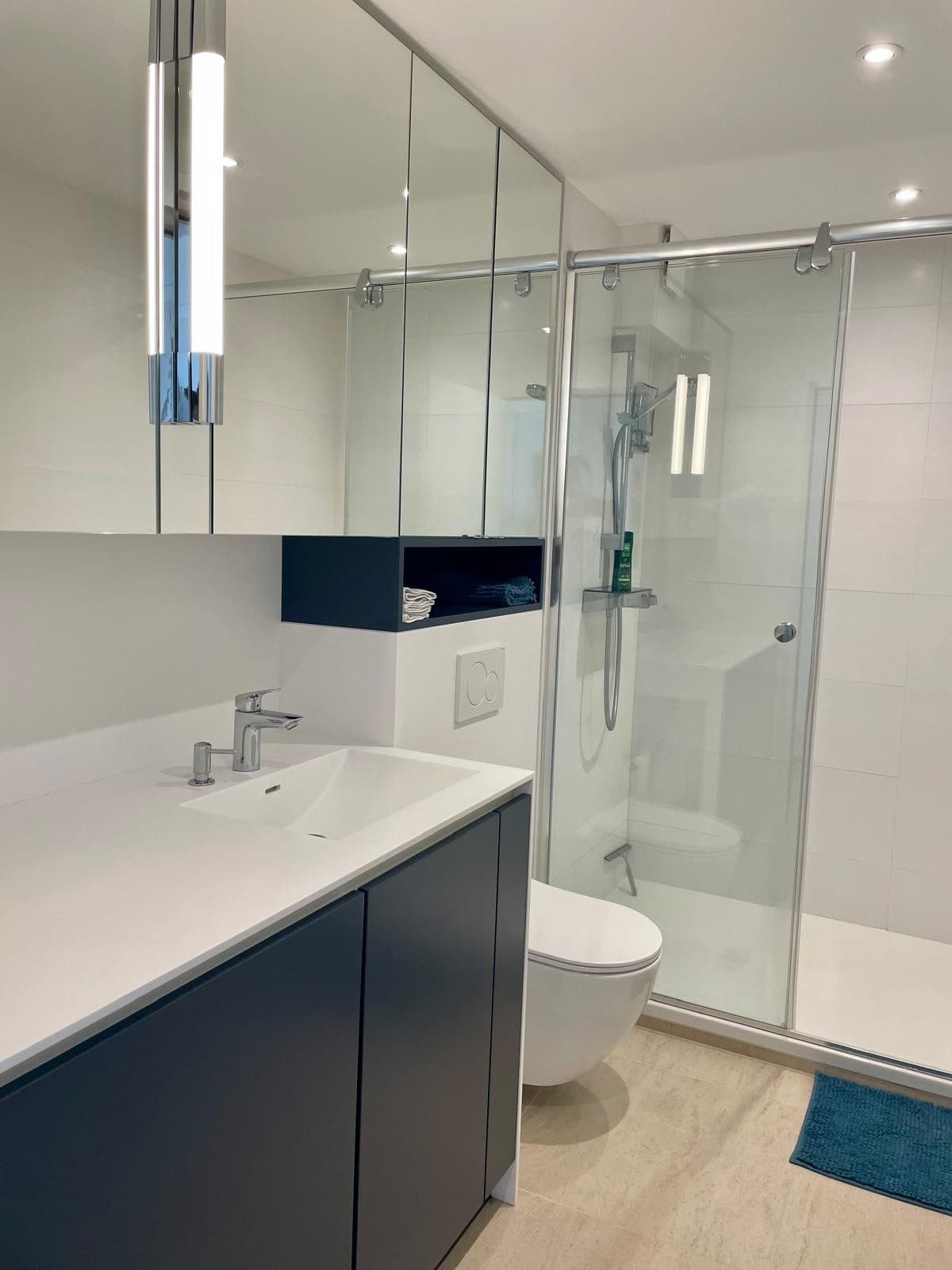 Salle de bain avec douche vitrée et meuble vasque bleu nuit
